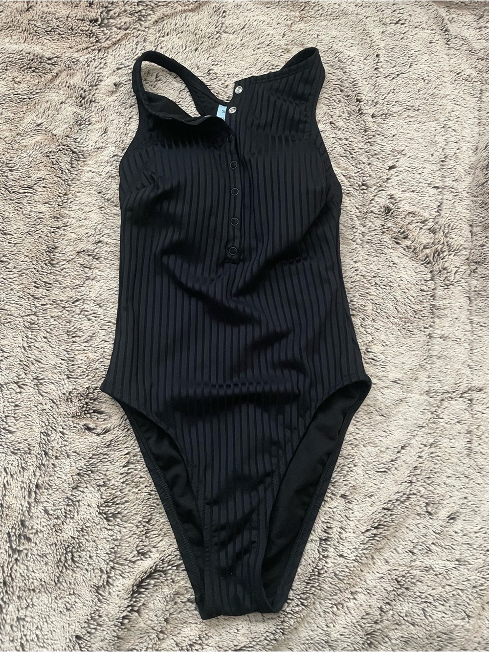 Shade & Shore Black Ribbed Women’s One-Piece Swimsuit with Front Buttons